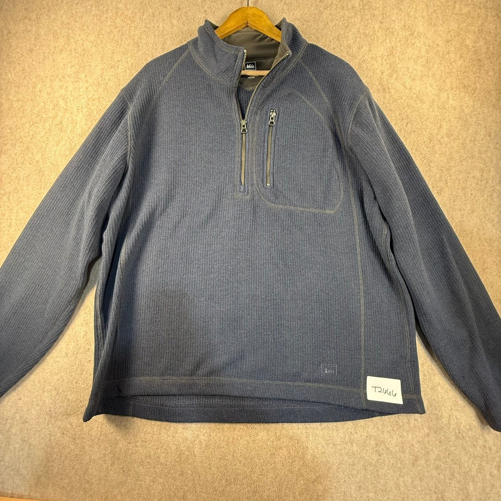REI Mens XL Blue Grey Quarter Zip Fleece Pullover Textured Waffle Knit Jacket